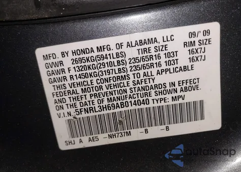 2010 Honda Odyssey Ex-L from USA, damaged, VIN 5FNRL3H69AB014040